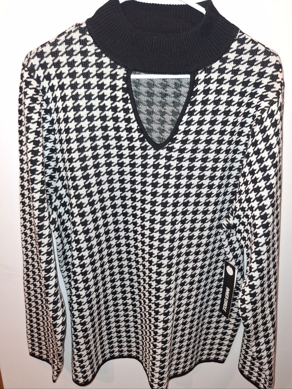 Black & White Houndstooth Mock Neck Sweater with Keyhole